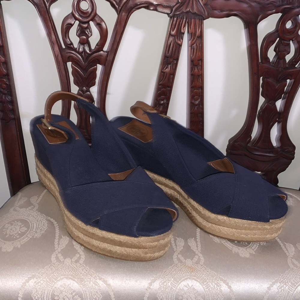 Tory Burch (Navy Espadrille Wedge Sandals - Picture 2 of 8